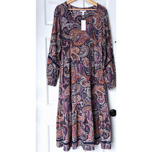 Canyon Retreat Paisley Boho Midi Maxi Tiered Dress Smocked Purple Pink Orange L